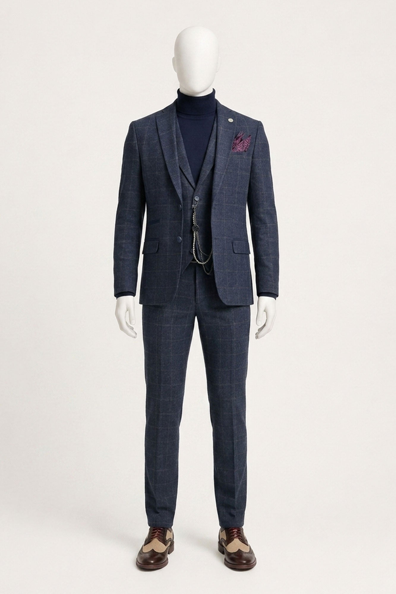 Costum bărbătesc din 3 piese, lână, tweed, bleumarin, maro, în carouri, stil Gatsby, anii 1920