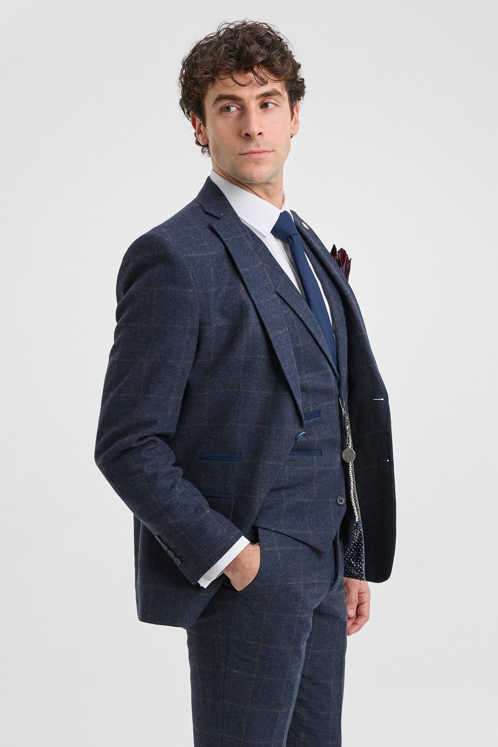 Costum bărbătesc din 3 piese, lână, tweed, bleumarin, maro, în carouri, stil Gatsby, anii 1920