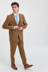 Costum bărbătesc din 3 piese, lână, tweed, model herringbone, maro, albastru, carouri, anii 1920, Gatsby