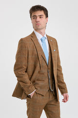 Costum bărbătesc din 3 piese, lână, tweed, model herringbone, maro, albastru, carouri, anii 1920, Gatsby