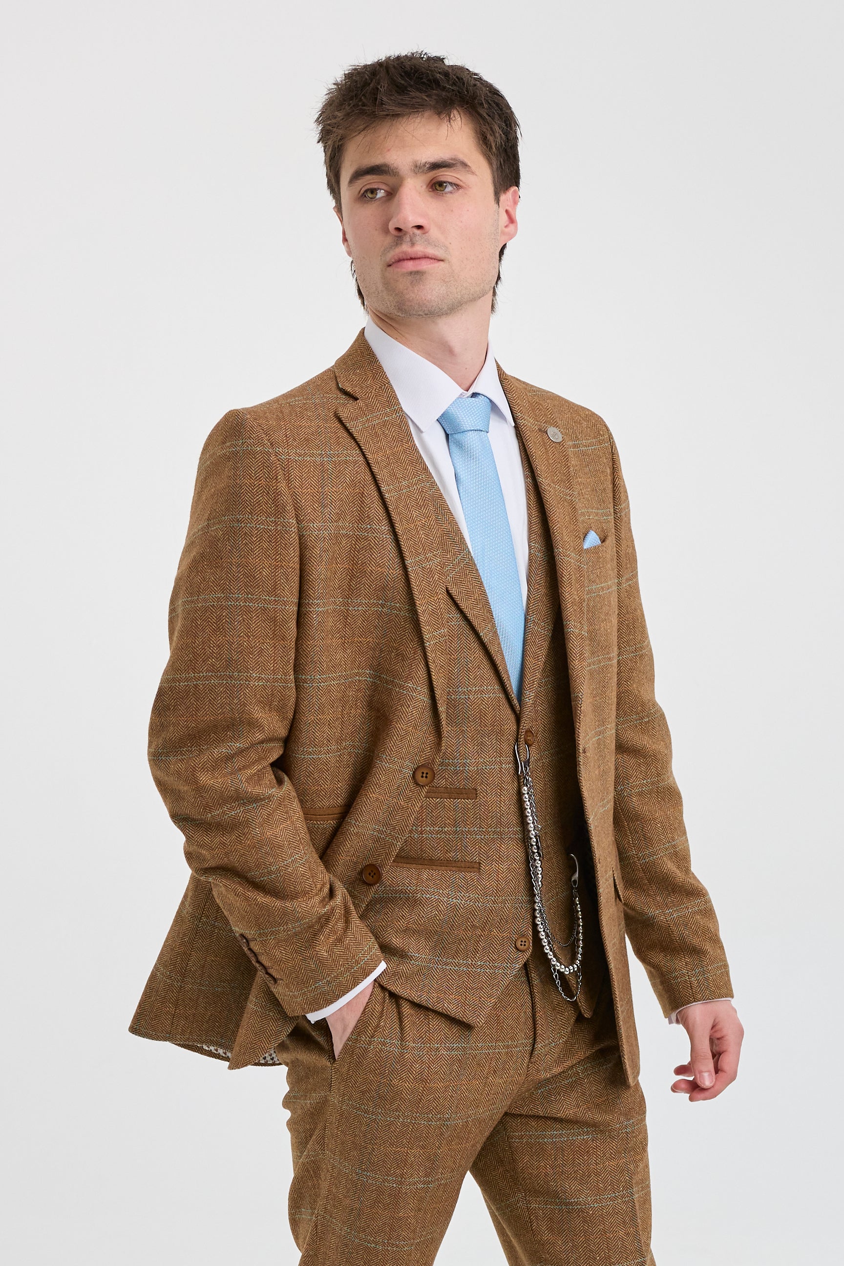 Costum bărbătesc din 3 piese, lână, tweed, model herringbone, maro, albastru, carouri, anii 1920, Gatsby