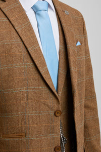 Costum bărbătesc din 3 piese, lână, tweed, model herringbone, maro, albastru, carouri, anii 1920, Gatsby