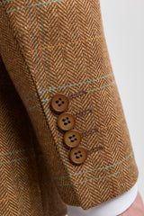 Costum bărbătesc din 3 piese, lână, tweed, model herringbone, maro, albastru, carouri, anii 1920, Gatsby