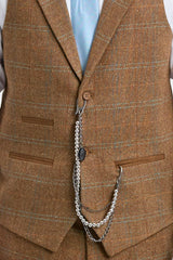 Costum bărbătesc din 3 piese, lână, tweed, model herringbone, maro, albastru, carouri, anii 1920, Gatsby