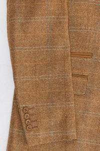 Costum bărbătesc din 3 piese, lână, tweed, model herringbone, maro, albastru, carouri, anii 1920, Gatsby