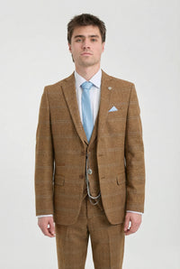 Costum bărbătesc din 3 piese, lână, tweed, model herringbone, maro, albastru, carouri, anii 1920, Gatsby