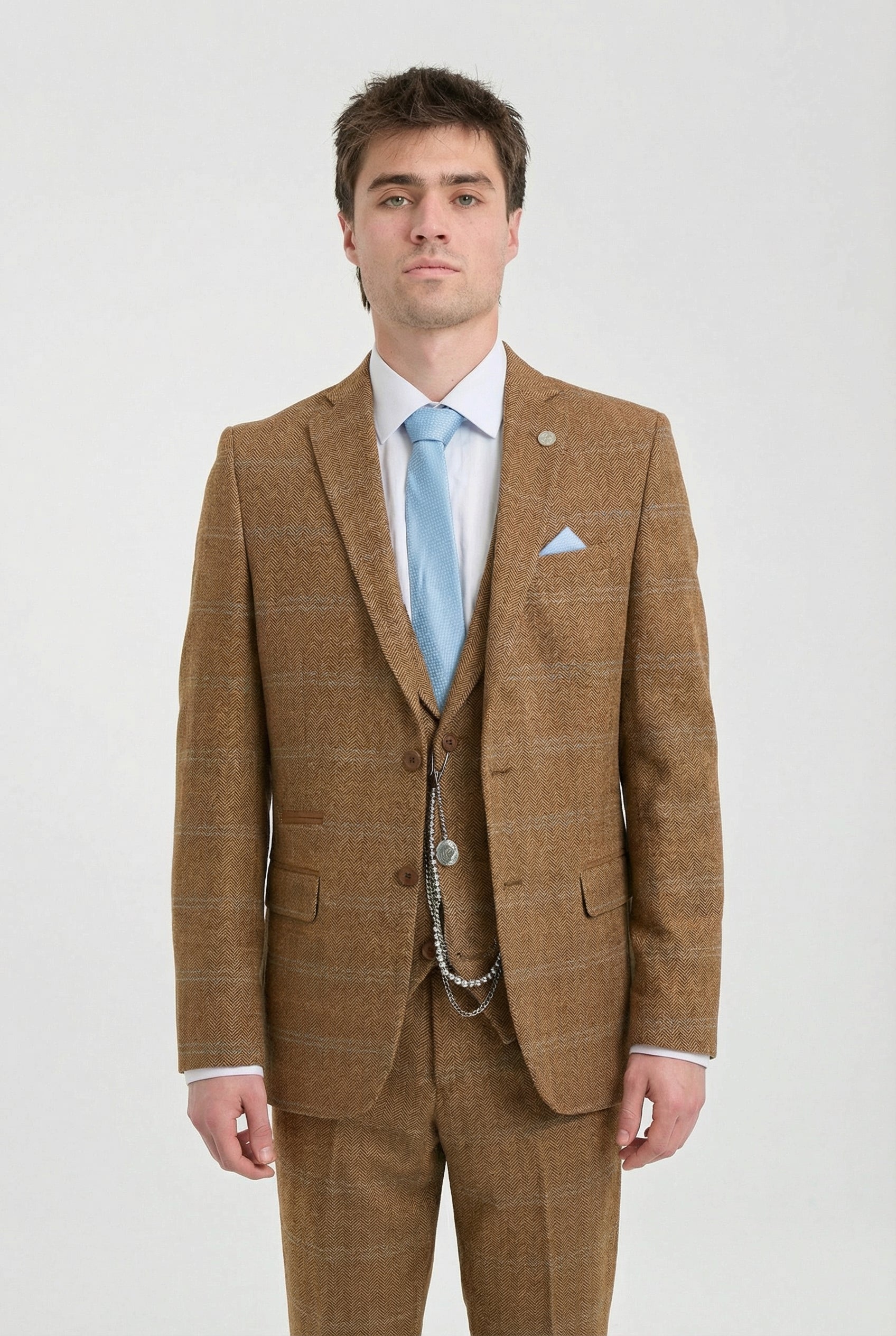 Costum bărbătesc din 3 piese, lână, tweed, model herringbone, maro, albastru, carouri, anii 1920, Gatsby