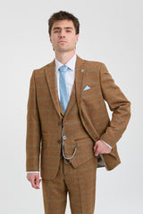 Costum bărbătesc din 3 piese, lână, tweed, model herringbone, maro, albastru, carouri, anii 1920, Gatsby