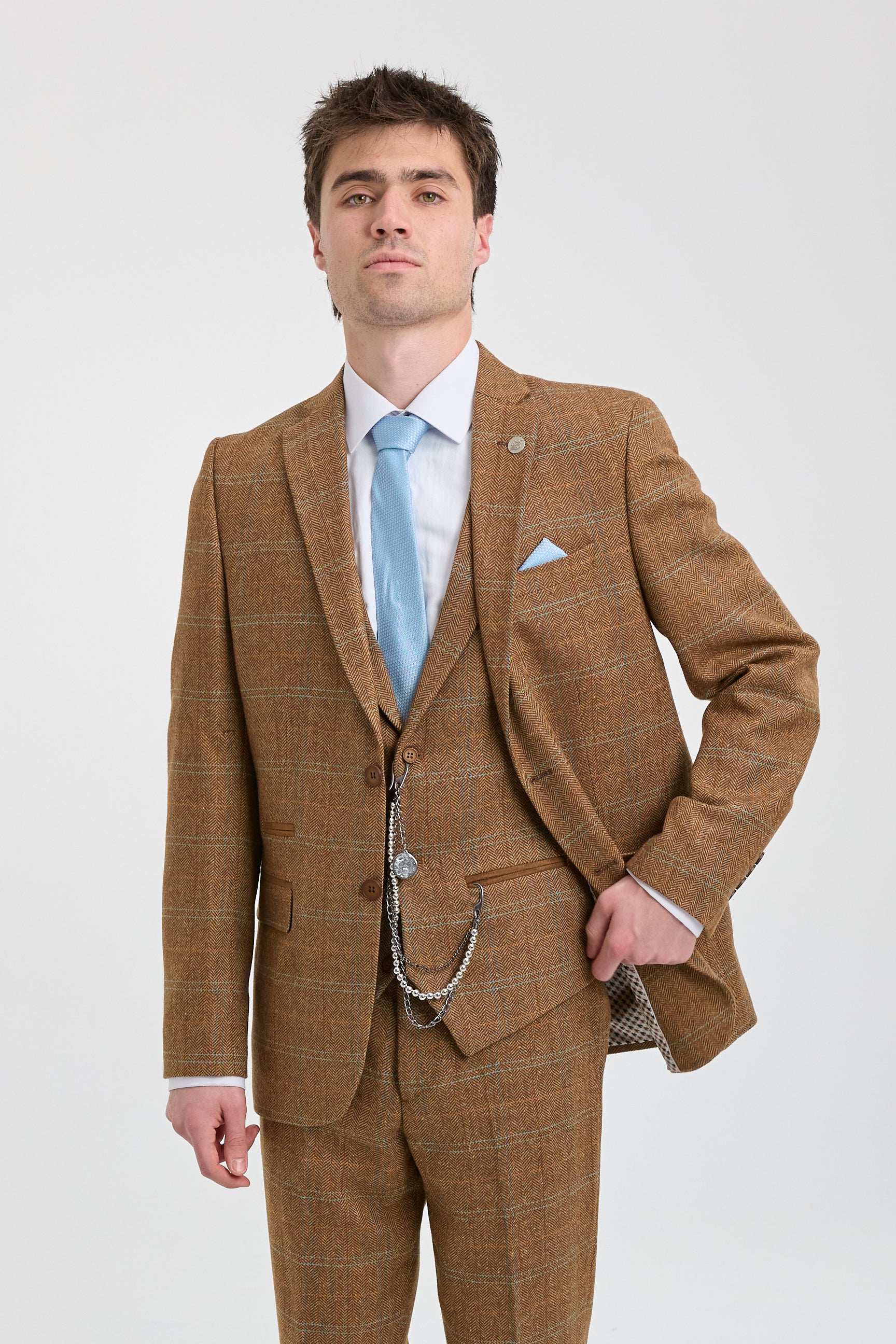Costum bărbătesc din 3 piese, lână, tweed, model herringbone, maro, albastru, carouri, anii 1920, Gatsby