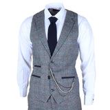 Costum bărbătesc din 3 piese, lână, tweed, albastru deschis, gri, carouri