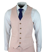 Mens Herringbone Tweed 3 Piece Suit Pink Blush Retro Vintage Short Reg Long