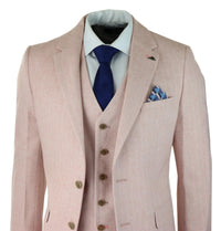 Mens Herringbone Tweed 3 Piece Suit Pink Blush Retro Vintage Short Reg Long