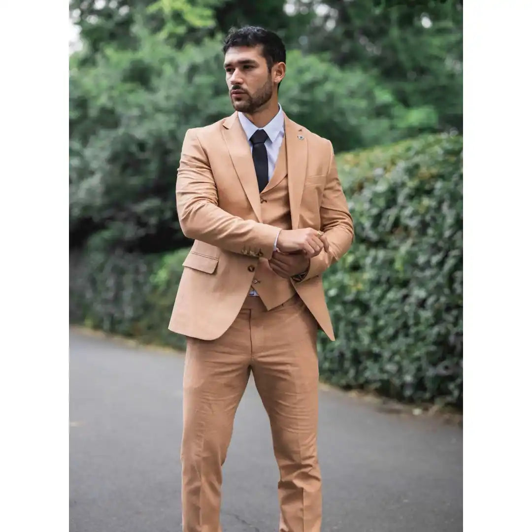 TP-23 - Costum de mireasă de vară pentru bărbați, din in, culoare camel, din 3 piese