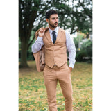 TP-23 - Costum de mireasă de vară pentru bărbați, din in, culoare camel, din 3 piese
