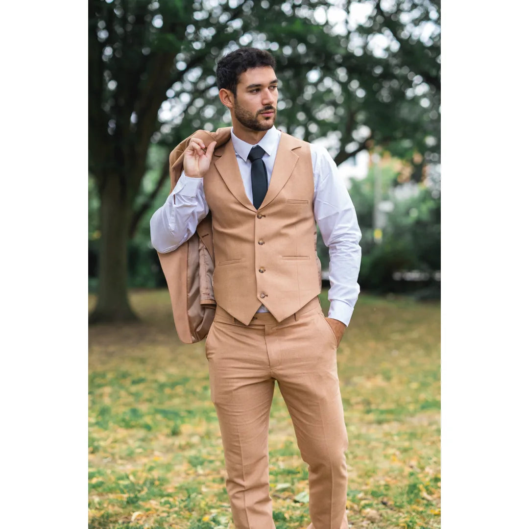 TP-23 - Costum de mireasă de vară pentru bărbați, din in, culoare camel, din 3 piese