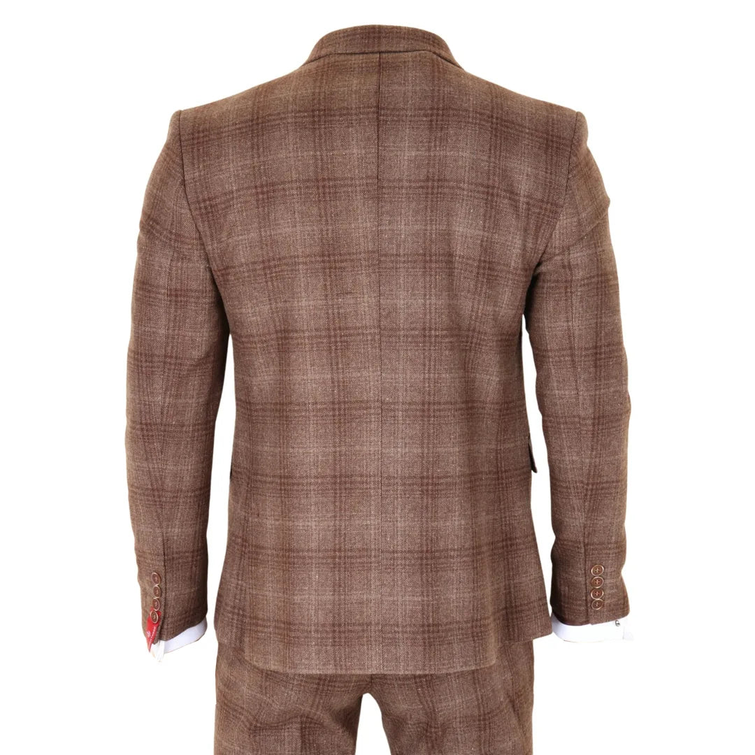 Costum bărbătesc din 3 piese, model tweed, maro, în carouri