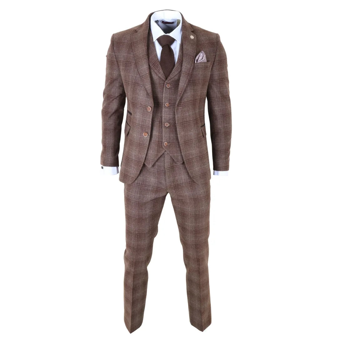 Costum bărbătesc din 3 piese, model tweed, maro, în carouri