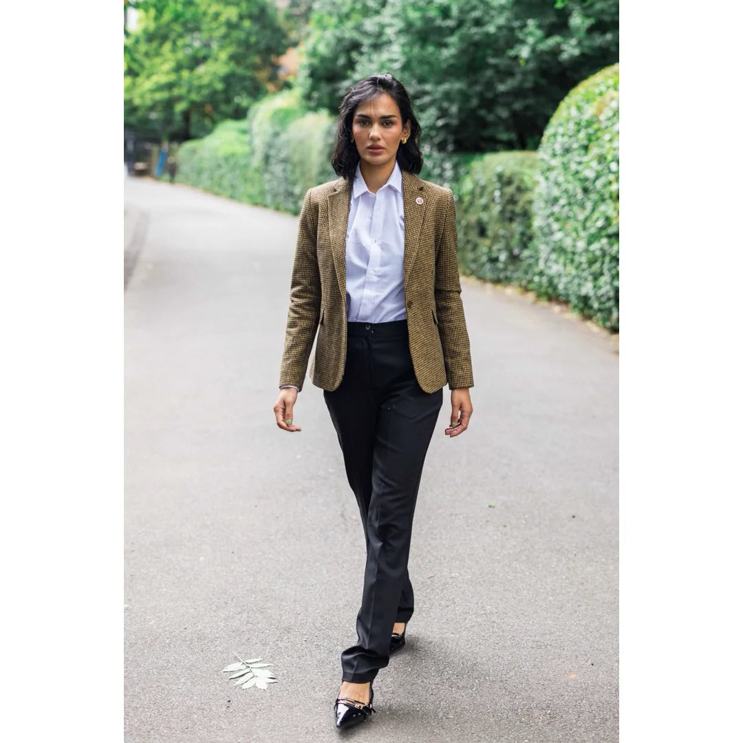 TPW-20 - Sacou damă din tweed, maro, cu imprimeu de lână, model Dogtooth