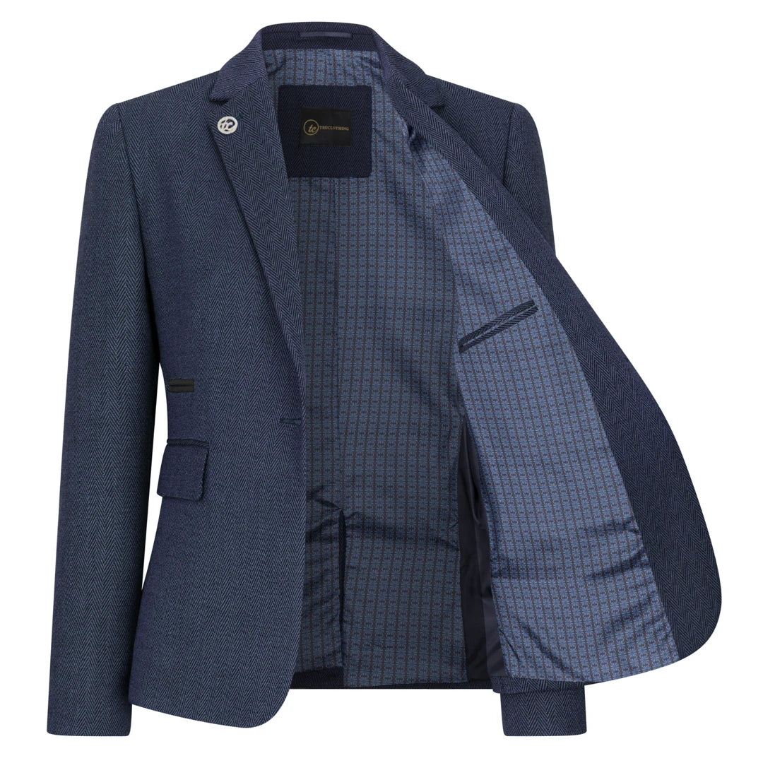 TPW-AK-04 - Costum bleumarin pentru femei, 3 piese, model herringbone, din tweed