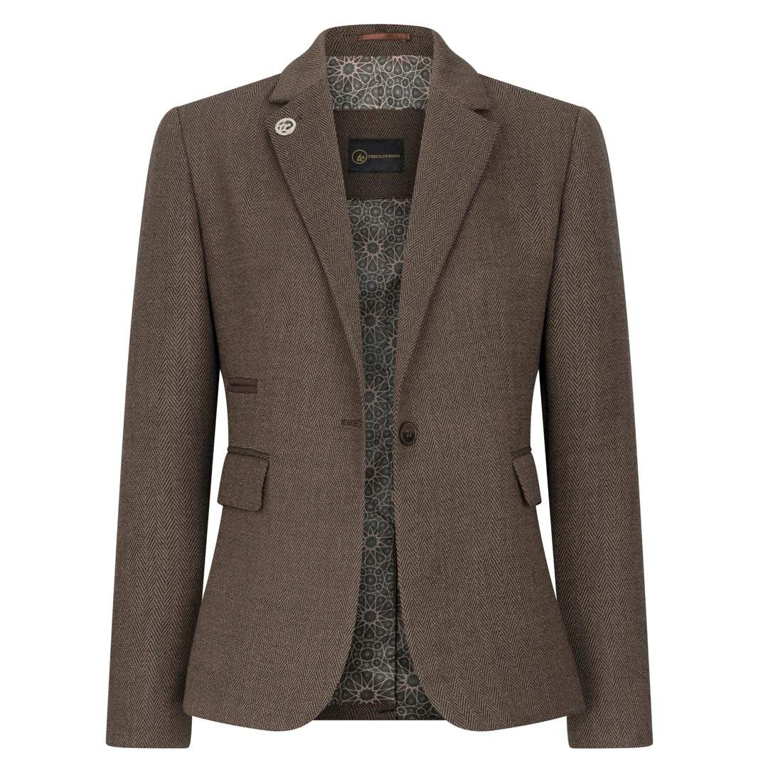 TPW-AK-06 - Costum maro din 3 piese din tweed cu model herringbone pentru femei