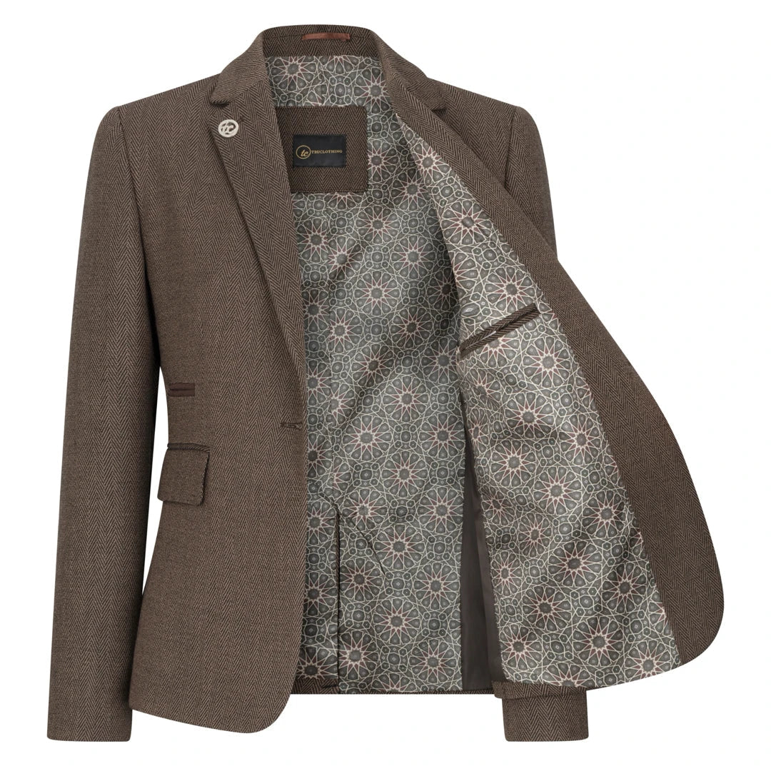 TPW-AK-06 - Costum maro din 3 piese din tweed cu model herringbone pentru femei