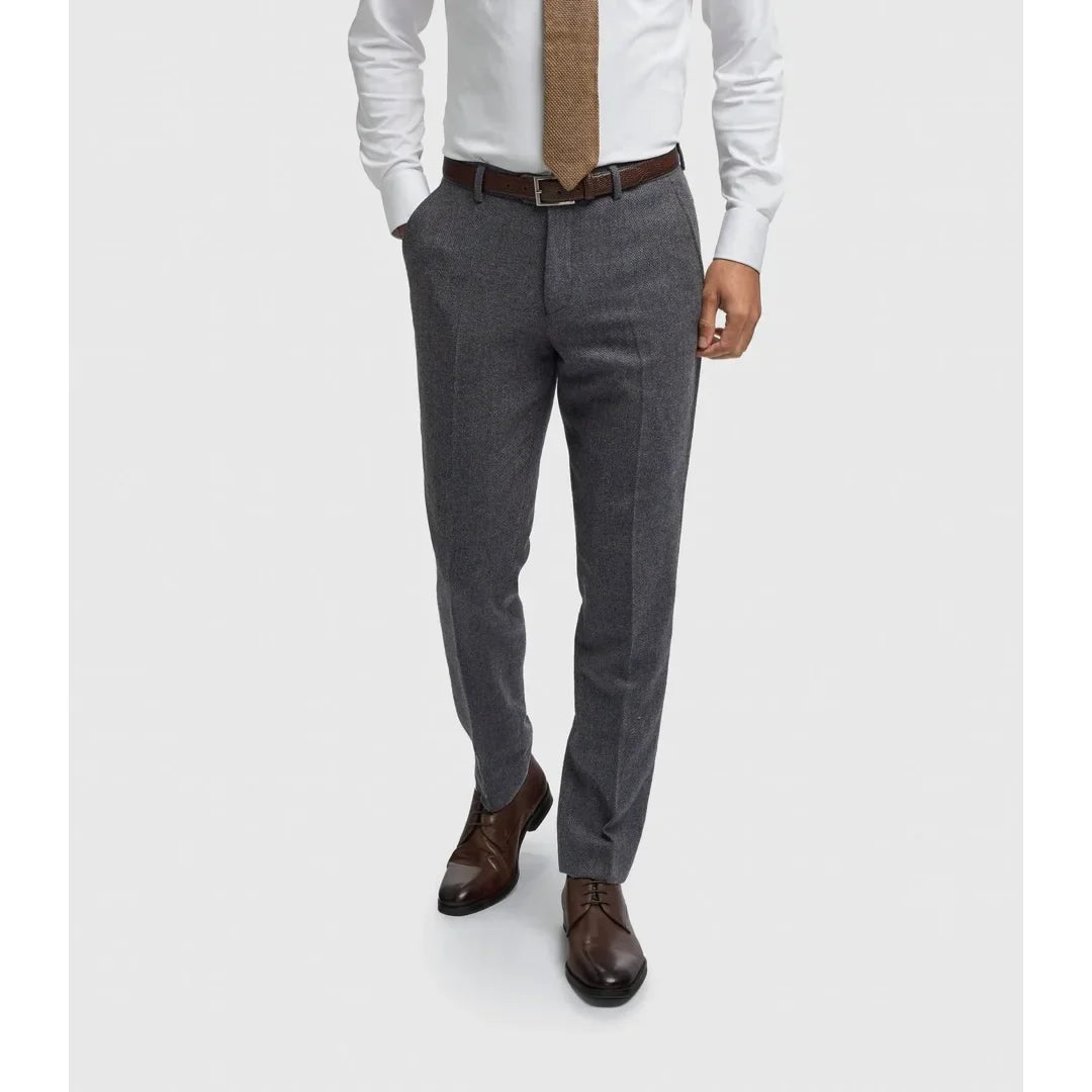 Thomas - Pantaloni bărbătești din tweed cu model herringbone, bleumarin, din amestec de lână