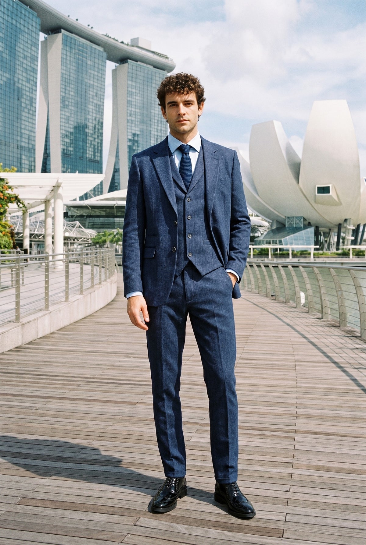 Look #989 styled with Costum bărbătesc bleumarin cu model herringbone din tweed, 3 piese