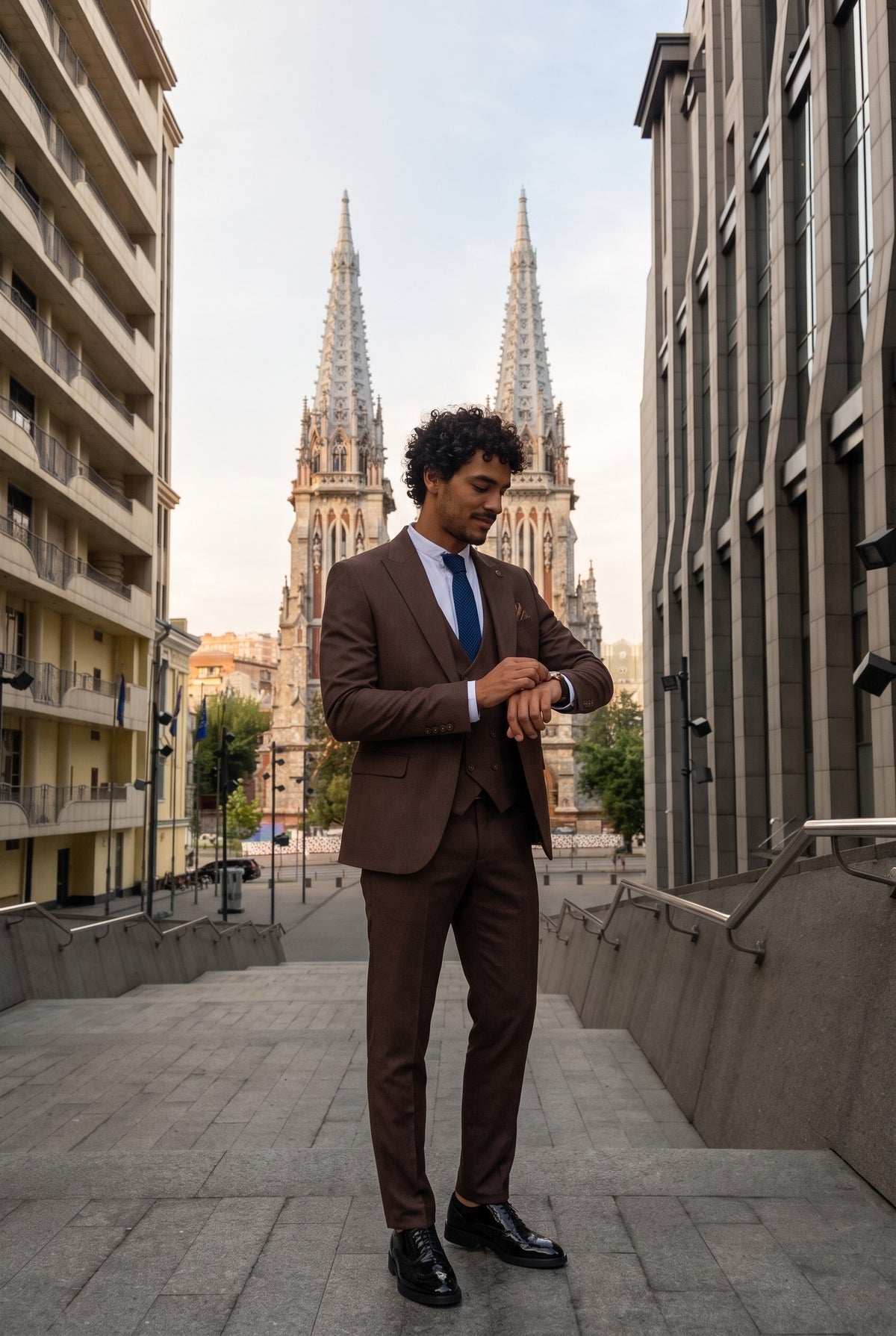 Look #305 styled with IM32 - Costum bărbătesc simplu maro închis din 3 piese