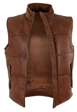 Mens Real Leather Waistcoat Gilet Quilted Puffer Design Warm Zip Casual Tan