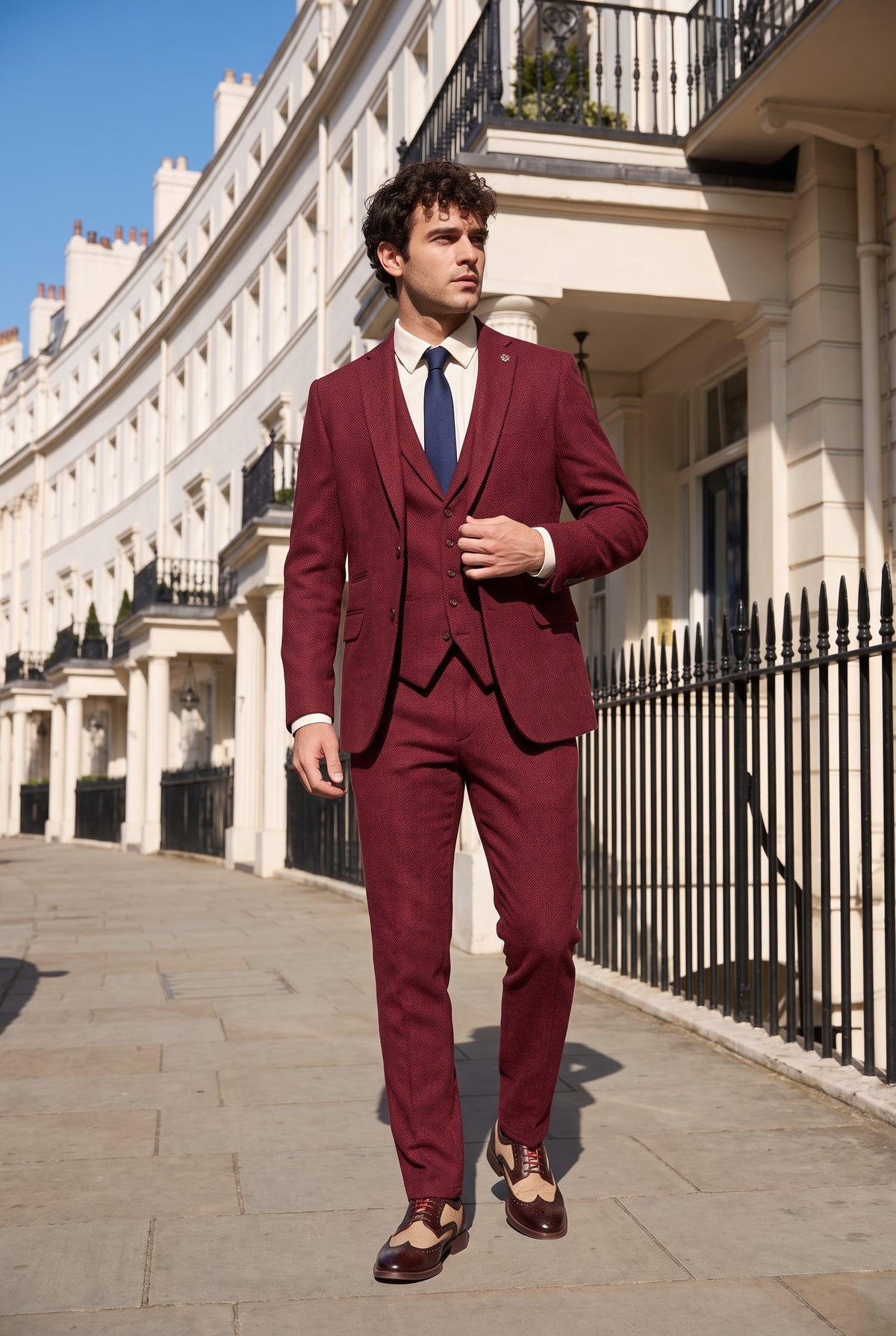 Look #508 styled with Costum bărbătesc din tweed, culoare vin-maro, cu 3 piese, în spic de hering - STZ11
