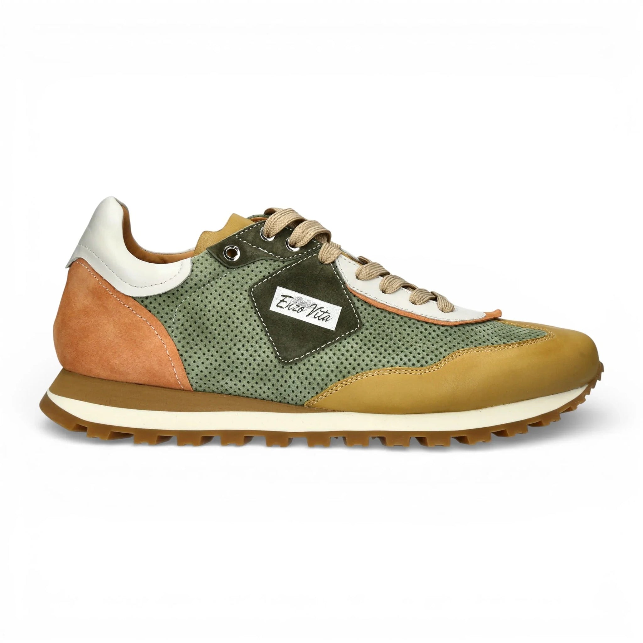 Aglae 02 - Teniși din piele bej, verzi, pentru bărbați