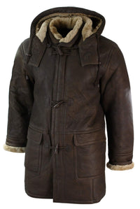 Mens Winter Real Sheepskin Leather Duffle Safari Jacket Brown & Cream Hood Vintage-B3 Brown Ginger