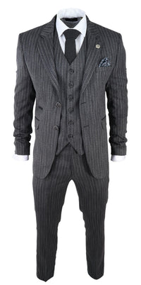 Men's Grey Pinstripe Herringbone Tweed 3 Piece Suit