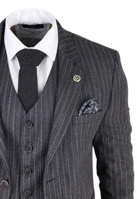 Men's Grey Pinstripe Herringbone Tweed 3 Piece Suit