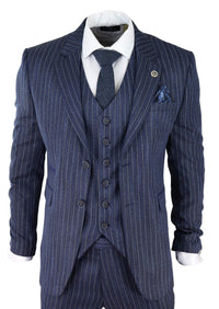 Men's Blue Pinstripe Herringbone Tweed 3 Piece Suit