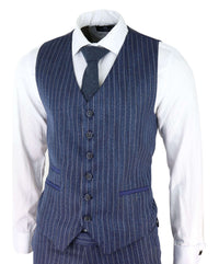 Men's Blue Pinstripe Herringbone Tweed 3 Piece Suit