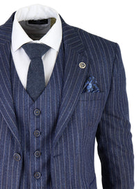 Men's Blue Pinstripe Herringbone Tweed 3 Piece Suit