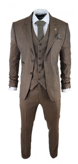 Men's Oak Brown Pinstripe Herringbone Tweed 3 Piece Suit