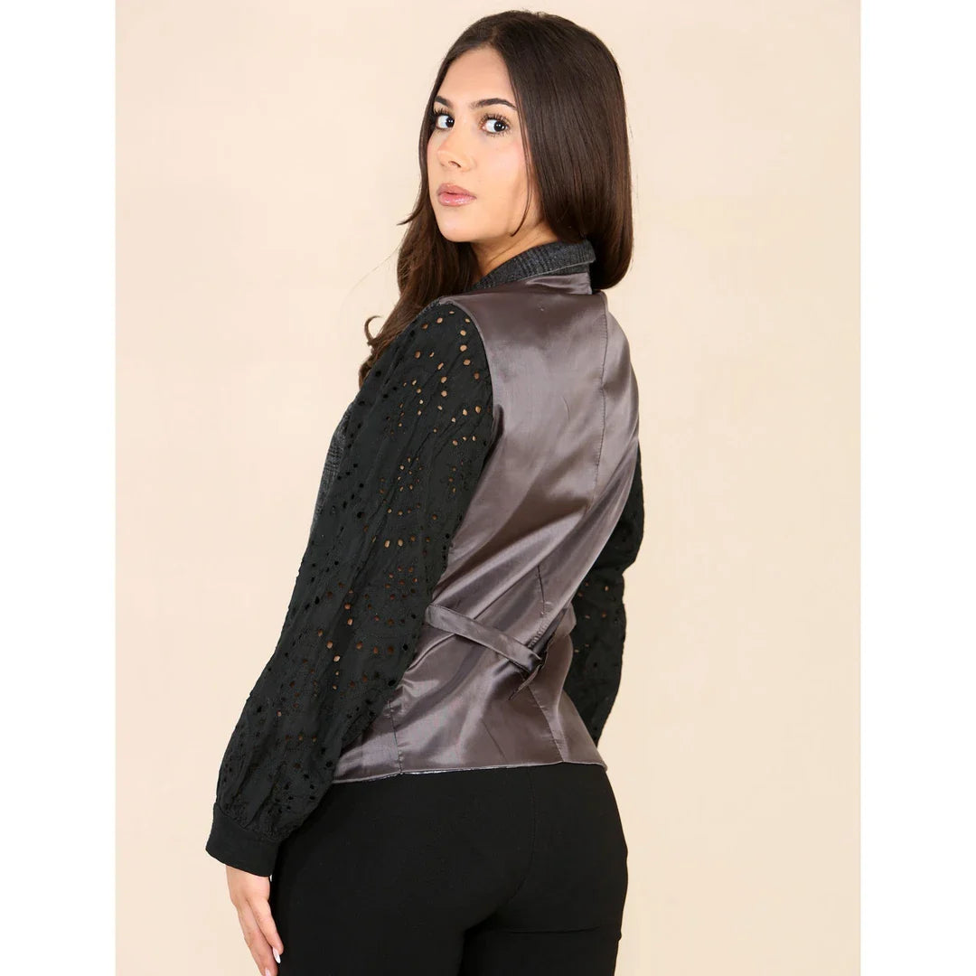 Vestă de damă în carouri tweed gri