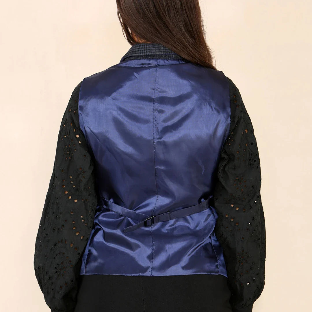 Costum albastru pentru femei, cu vestă în carouri tweed