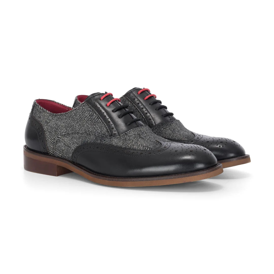 Albert - Pantofi brogue bărbătești din piele neagră cu detalii din tweed