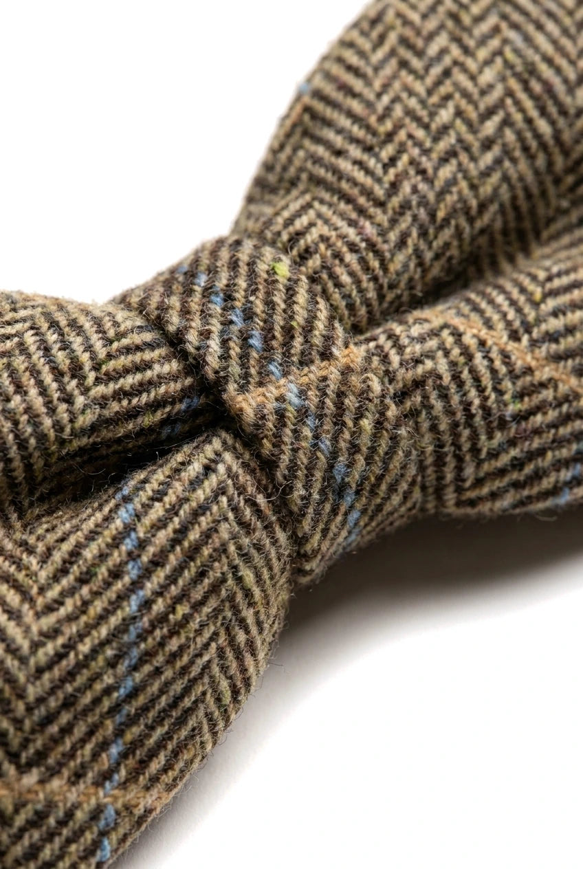 Albert - Papion bărbătesc maro cu model herringbone în carouri din tweed