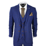 Mens Blue Brown Check 3 Piece Suit Tailored Fit Wedding Prom Races Prince Of Wales