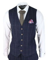 Mens Navy Check 3 Piece Suit Wool Tweed Classic 1920s Vintage Tailored Fit Wedding