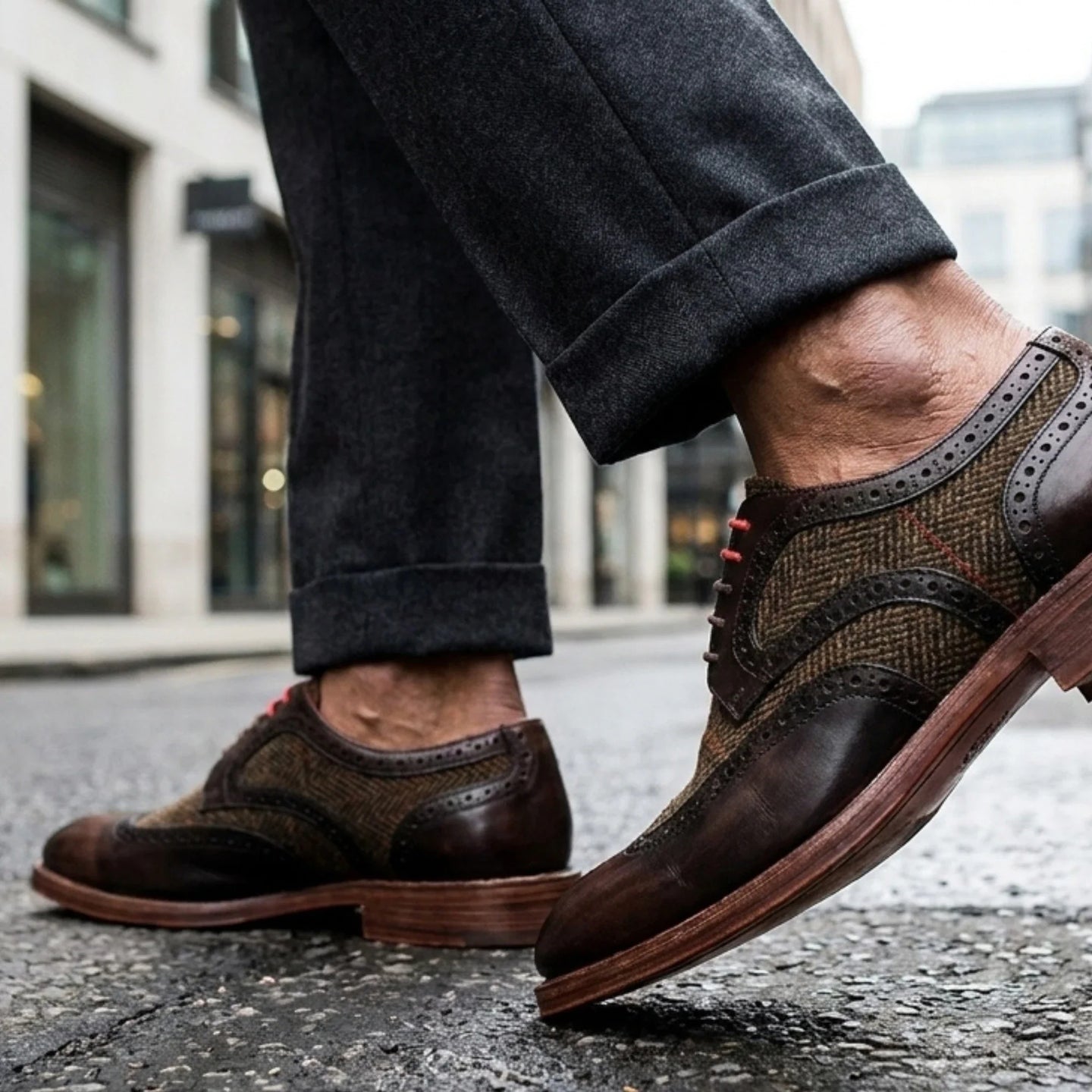 Arlo - Pantofi brogue bărbătești din piele maro, model tweed