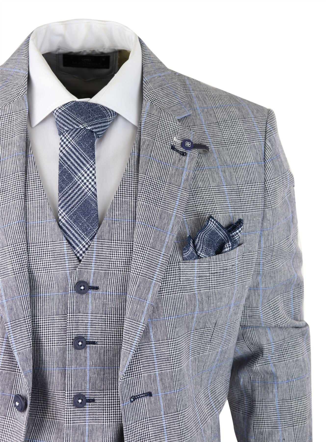 Mens 3 Piece Summer Suit Grey Check Blue Black Tailored Fit Classic Wedding Formal