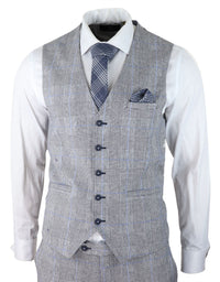 Mens 3 Piece Summer Suit Grey Check Blue Black Tailored Fit Classic Wedding Formal
