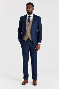 Costum Arthur bleumarin cu vestă Harris Brown din tweed contrastant