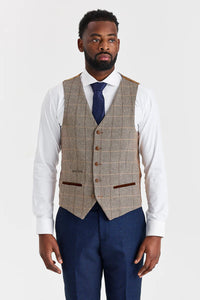 Costum Arthur bleumarin cu vestă Harris Brown din tweed contrastant