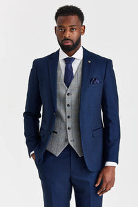 Costum Arthur bleumarin cu vestă Harris gri din tweed contrastant